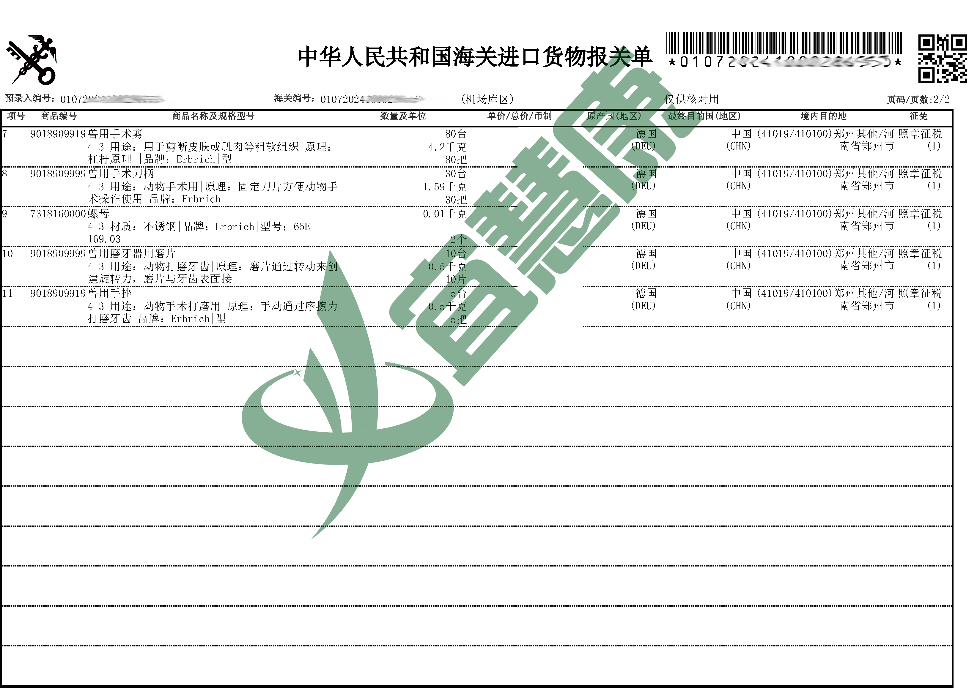 德国进口手术器械报关单
